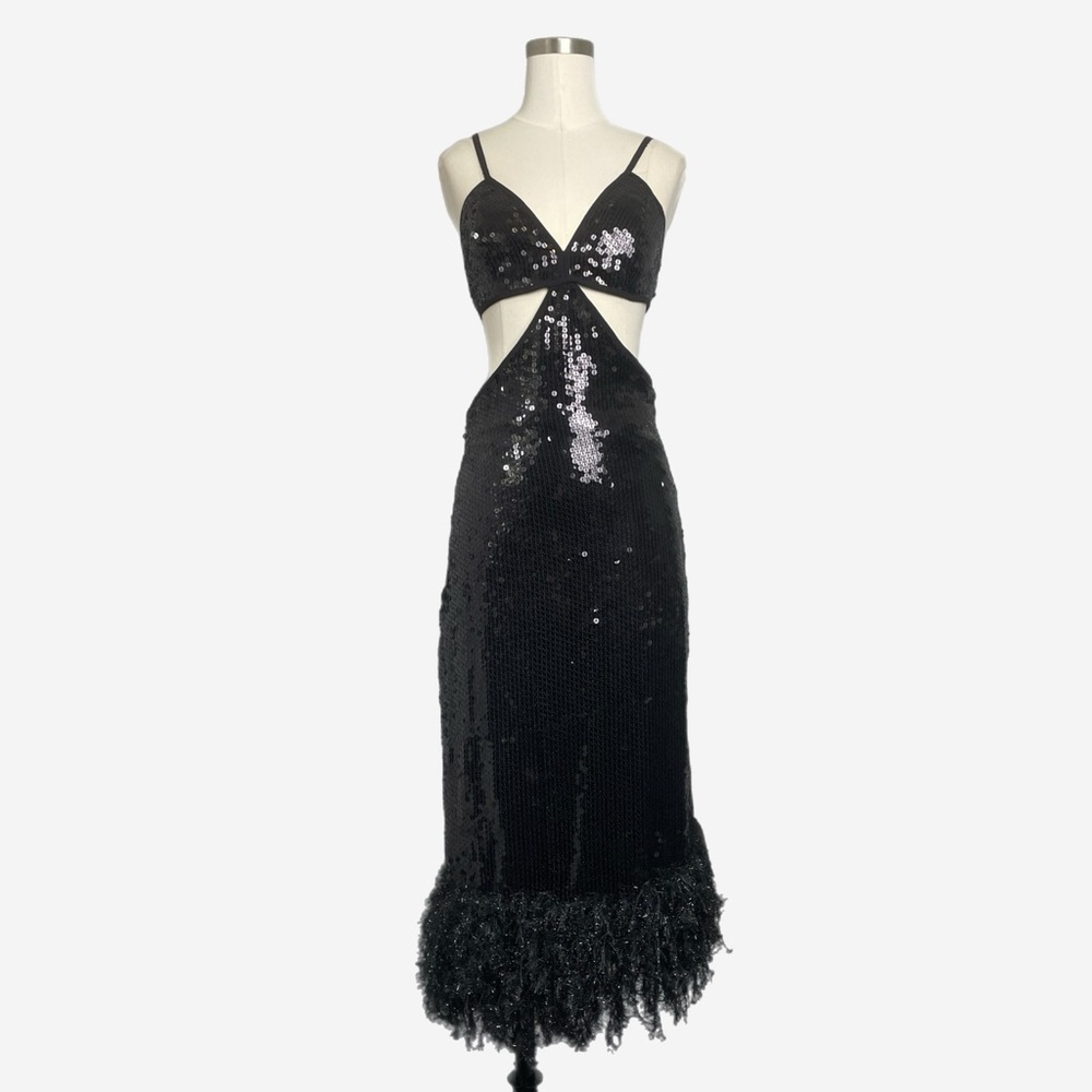 ASOS Design NWT Black Sequin Midi Dress Faux Feather cut out maximalist event 6